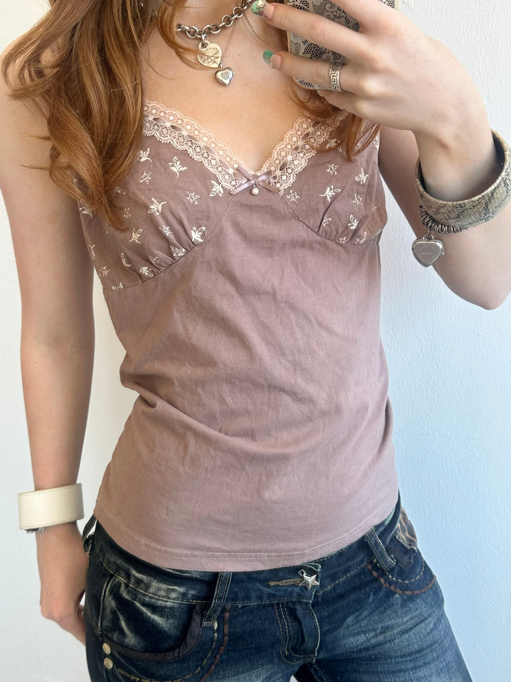 Brown Lace Cami with Floral Print