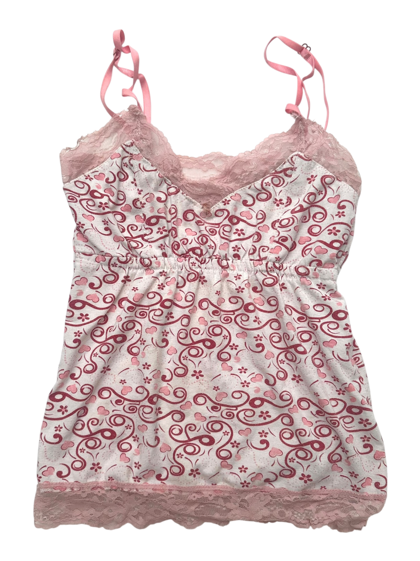Pink top with hearts and swirls