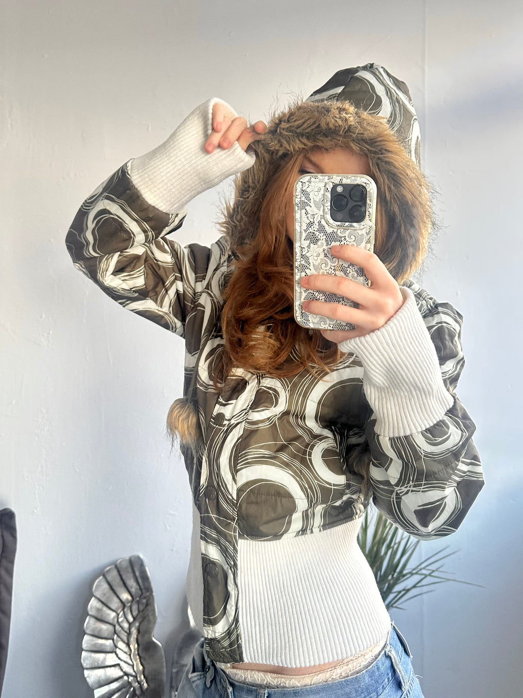 Green Circle Print Puffer Jacket (L)