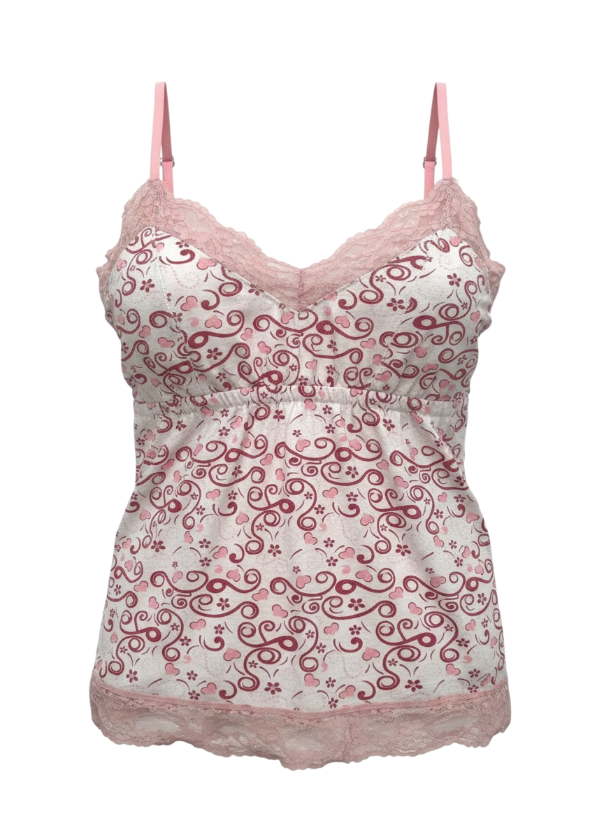 Pink top with hearts and swirls
