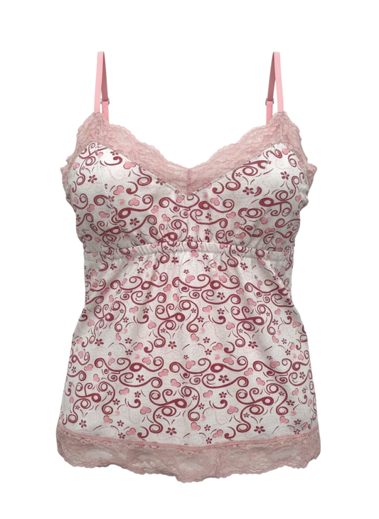 Pink top with hearts and swirls