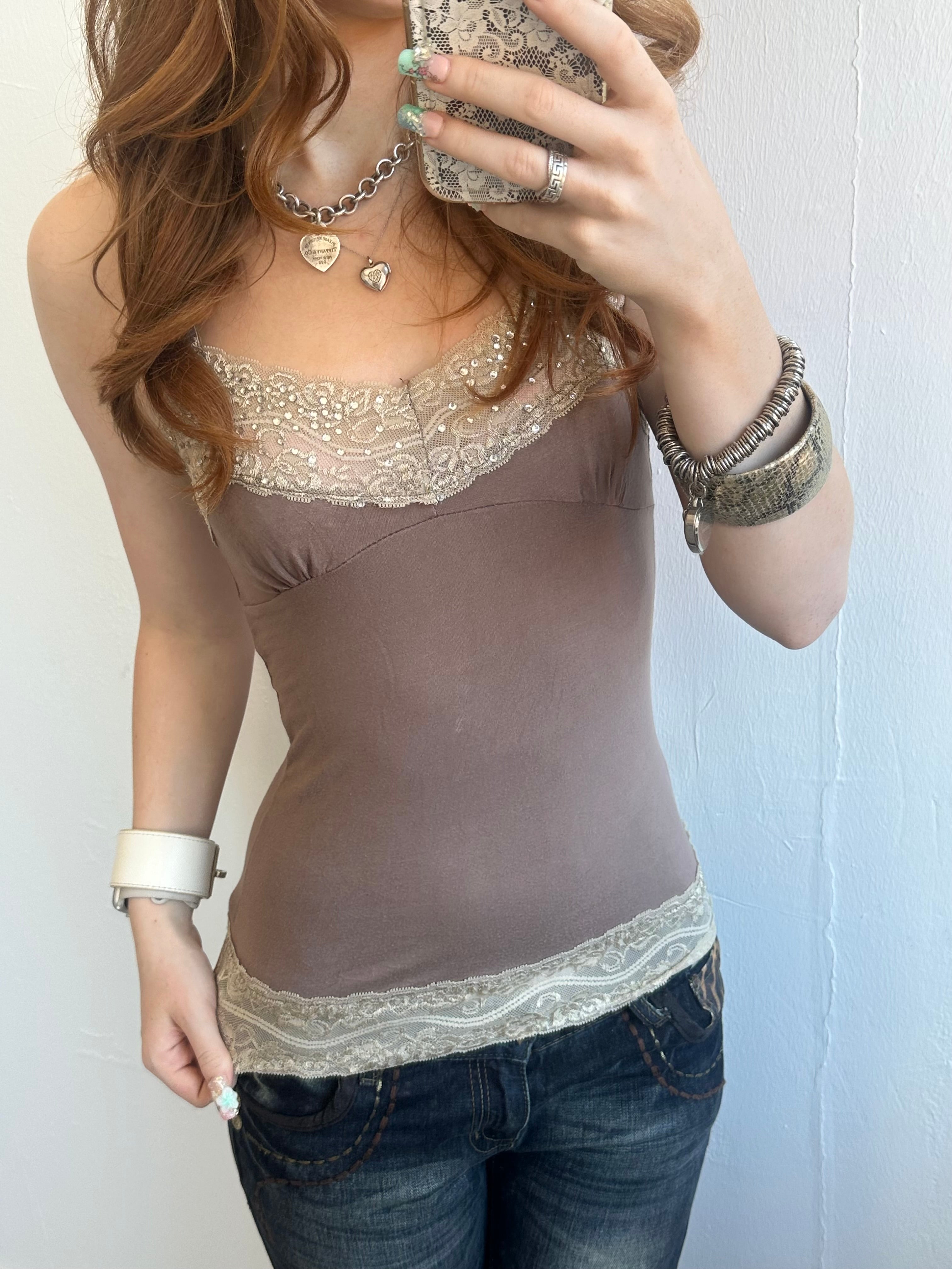 Brown Lace Cami with Rhinestones